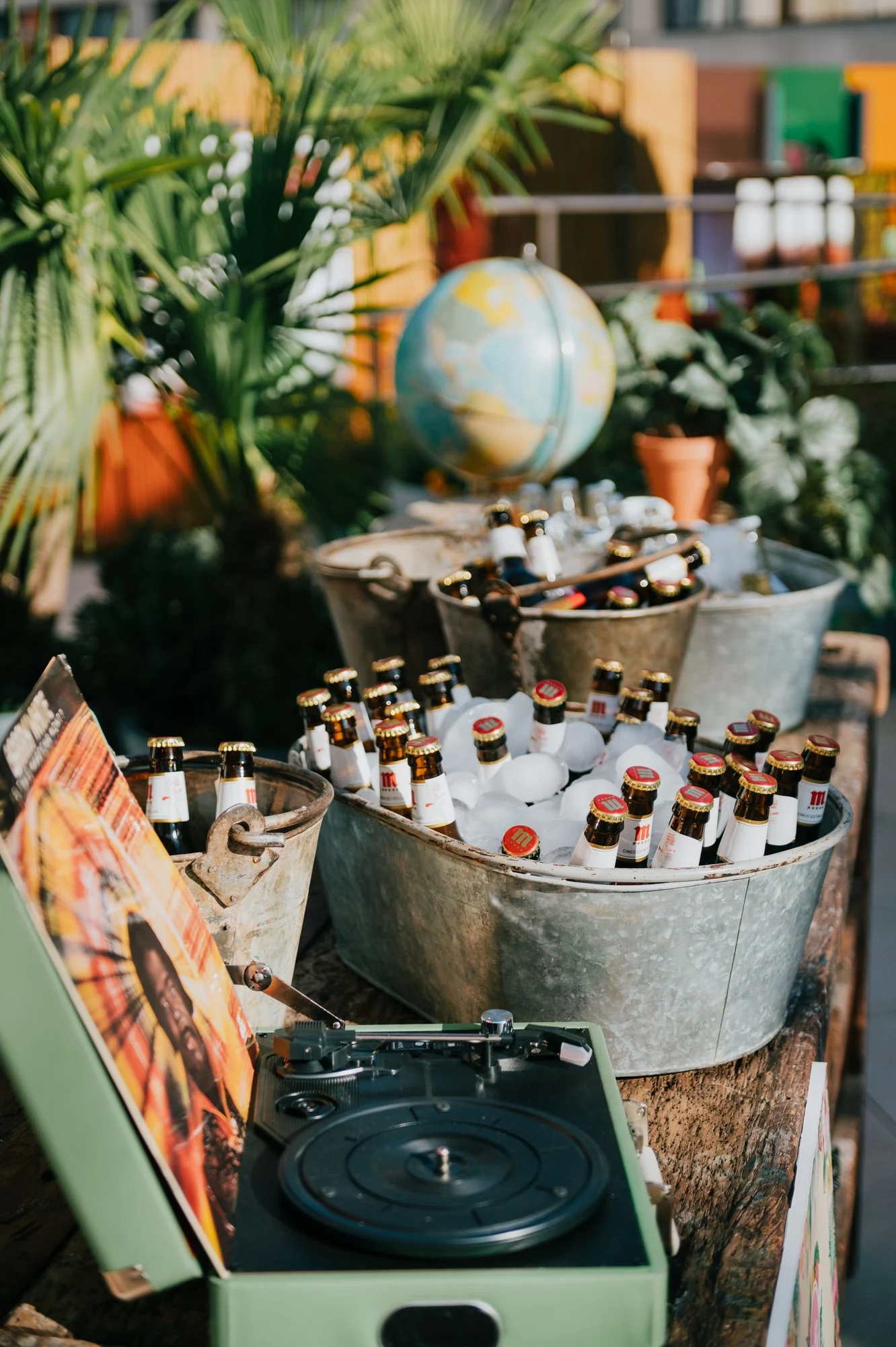 Detalle de una barra con plantas, bebidas y vinilos preparada para un evento